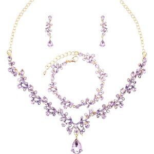 3Pcs Austrian Crystal Jewelry Set for Women, Necklace Dangle Earrings Link Brace